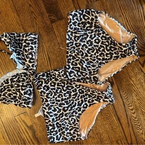 Leopard Print Two-Piece Swim Set - Black, White, Tan